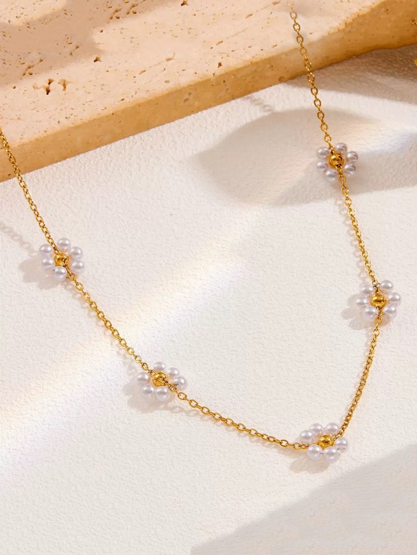 Daisy Faux Pearl Necklace&Bracelet Set Gold Floral Jewelry Gift for Women Teens Prom Wedding Valentines