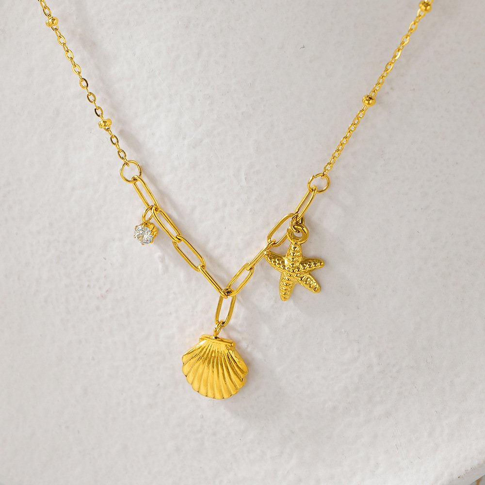 Luxurious Gold Shell Starfish Claw Diamond Titanium Steel Necklace Women's Ocean Beach Casual Style Clavicle Chain Jewelry