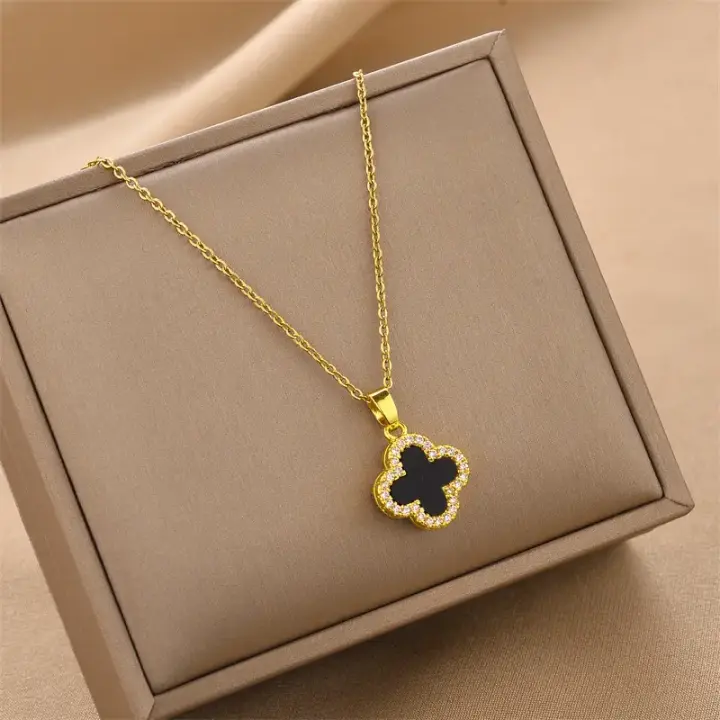 Double-Sided Micro-Set Four-Leaf Clover Pendant Titanium Clavicle Chain Fashionable Versatile Simple Luxury Titanium Jewelry