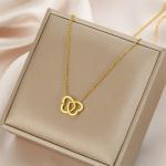 Gold Color Hollow Double Love Heart Choker Necklaces for Women Girls Stainless Steel Simple Trendy Necklace Jewelry Gifts