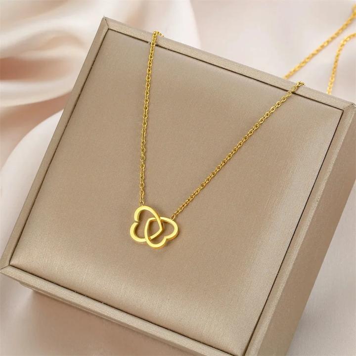 Gold Color Hollow Double Love Heart Choker Necklaces for Women Girls Stainless Steel Simple Trendy Necklace Jewelry Gifts