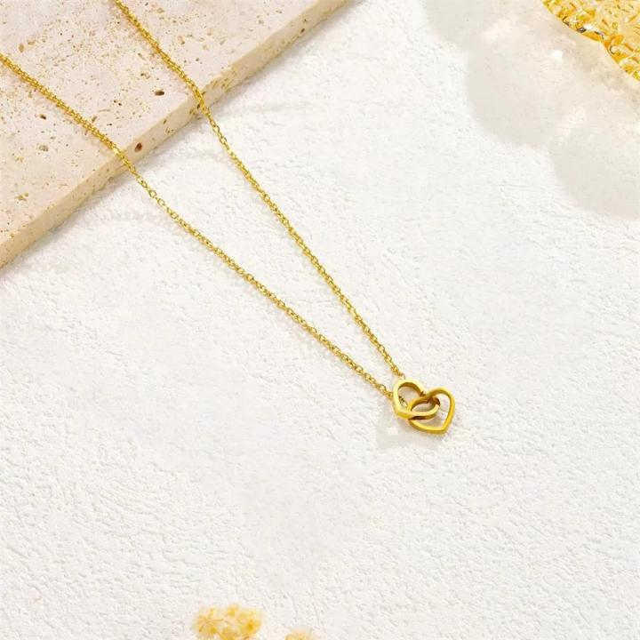 Gold Color Hollow Double Love Heart Choker Necklaces for Women Girls Stainless Steel Simple Trendy Necklace Jewelry Gifts