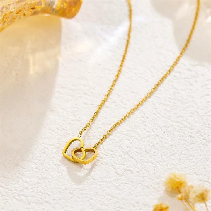 Gold Color Hollow Double Love Heart Choker Necklaces for Women Girls Stainless Steel Simple Trendy Necklace Jewelry Gifts