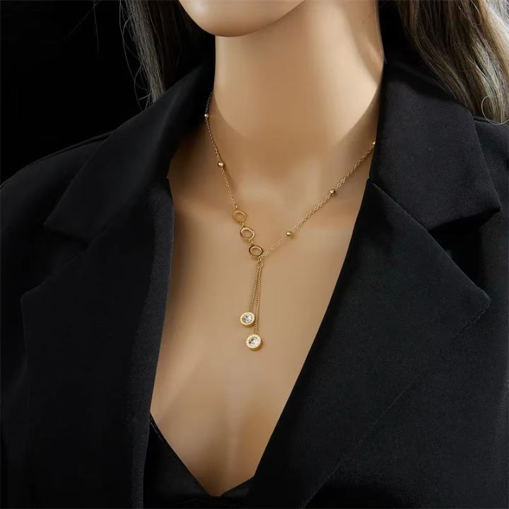 New Exquisite Roman Numeral Crystal Circle Long Pendant Necklace for Women Luxury Gold Color Stainless Steel Jewelry Colorfast
