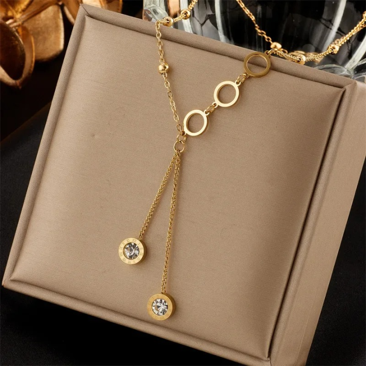 New Exquisite Roman Numeral Crystal Circle Long Pendant Necklace for Women Luxury Gold Color Stainless Steel Jewelry Colorfast