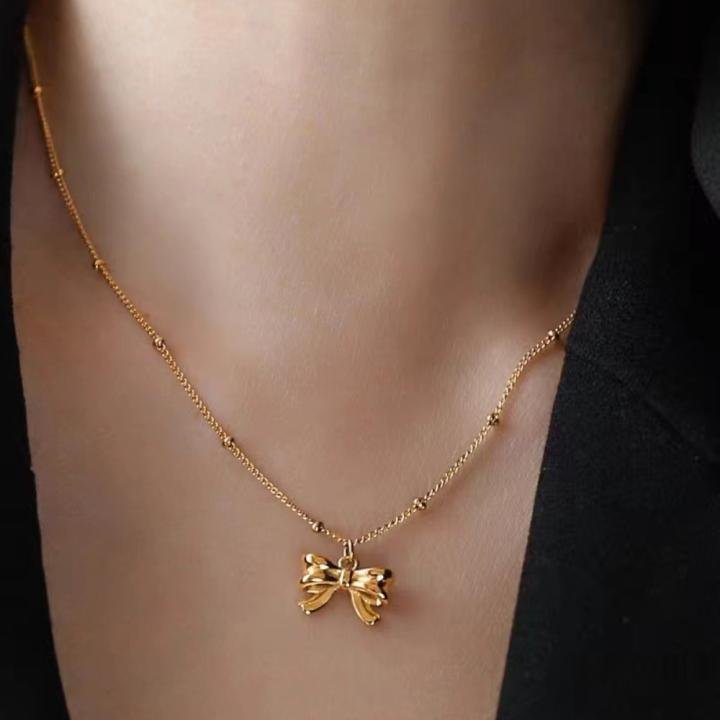 Stainless Steel Classic Gold Color Bowknot Pendant Necklace for Women