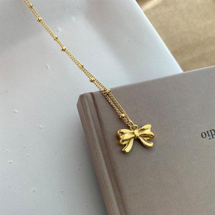 Stainless Steel Classic Gold Color Bowknot Pendant Necklace for Women
