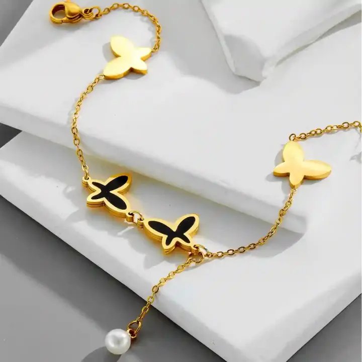 Butterfly Pearl Charm Anklet – Elegant Double Layer Women’s Jewelry Gift