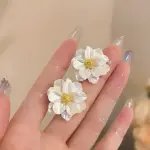 Elegant White Flower Stud Earrings Golden Stamen for Women Big Double Layer Gardenia Earrings