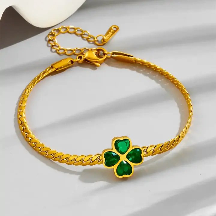 Stainless Steel Green Crystal Clover Bracelet Bangle