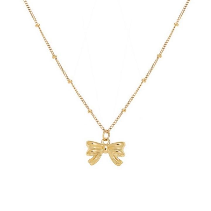 Stainless Steel Classic Gold Color Bowknot Pendant Necklace for Women