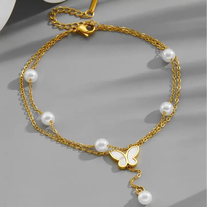 Butterfly Double Layer Pearl Anklet – Elegant Gold Color Foot Jewelry for Women
