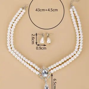 Elegant Rhinestone Pearl Drop Jewelry Set – Multilayer Flower Necklace & Earrings for Women
