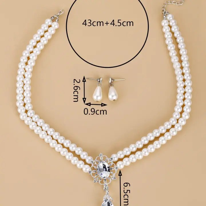 Elegant Rhinestone Pearl Drop Jewelry Set – Multilayer Flower Necklace & Earrings for Women