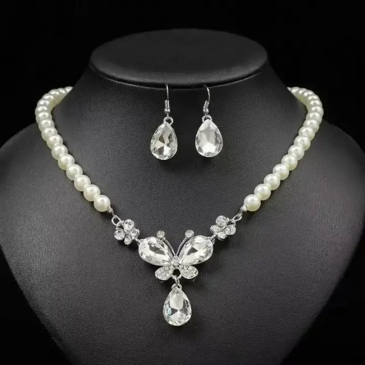 European & American Style Pearl Jewelry Set – Bridal Gem Necklace & Earrings