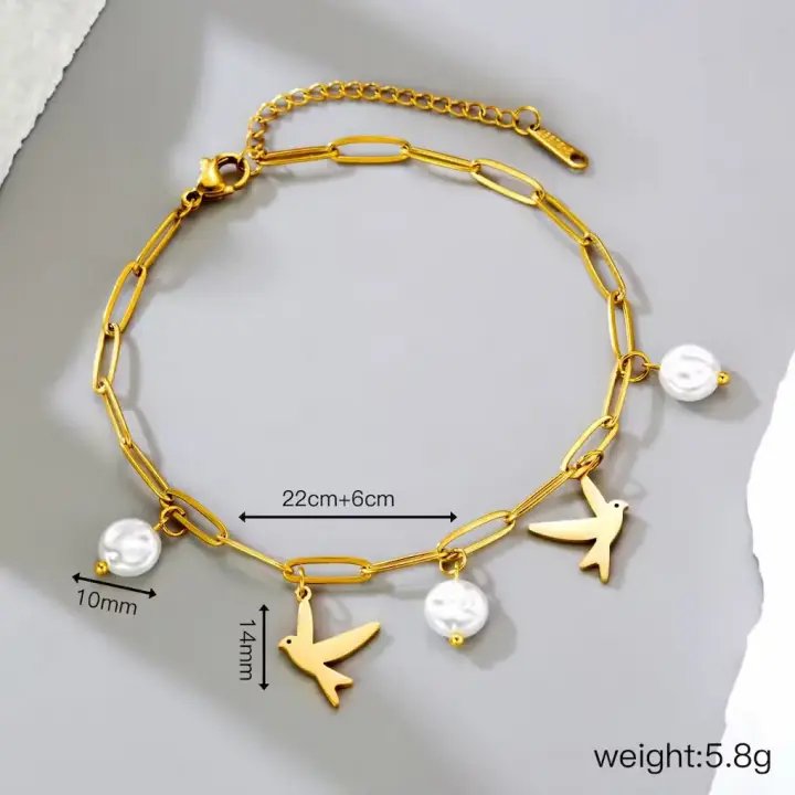 Gold Plated Bird & Pearl Charm Anklet – Elegant Chain Jewelry for Women