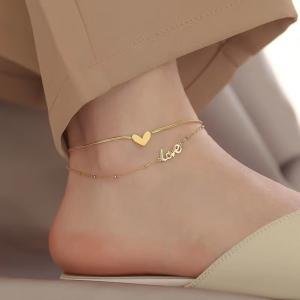 Gold Color Double Layer Love Heart Anklet – Vintage Foot Jewelry for Women